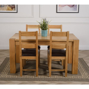ChunKy Oak : Bàn Ăn 1m4 + 4 Ghế ( 2 Nan - Mặt Nệm )